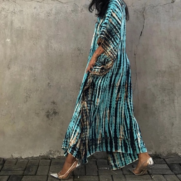 Blue Boho Tie Dye Kaftan Kimono Dress - Picture 2 of 8